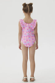 Traje de Baño Niña Con Vuelos Delantero Fucsia