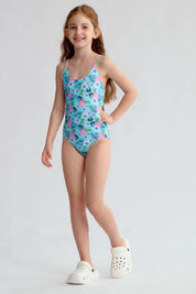Traje de baño niña azul celeste con flores y espalda cruzada