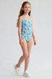 Traje de baño niña azul celeste con flores y espalda cruzada