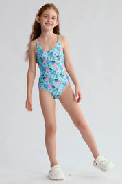 Traje de baño niña azul celeste con flores y espalda cruzada