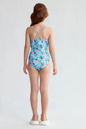 Traje de baño niña azul celeste con flores y espalda cruzada