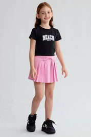 Falda Niña Tableada Con Lazo Rosado