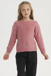 Sweater de niña rosado de chenille con textura suave sin estampado ideal para días fríos cómodo y acogedor