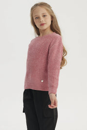 Sweater de niña rosado de chenille con textura suave sin estampado ideal para días fríos cómodo y acogedor