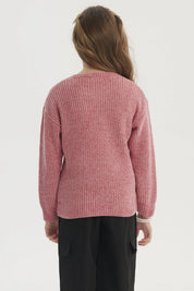 Sweater de niña rosado de chenille con textura suave sin estampado ideal para días fríos cómodo y acogedor