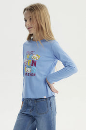 Polera celeste para niña con estampado de tres gatos con gafas y texto Best Friends Forever en el centro estilo divertido