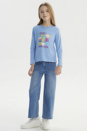 Polera celeste para niña con estampado de tres gatos con gafas y texto Best Friends Forever en el centro estilo divertido