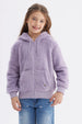 Polar niña lila peludo con capucha y cierre central liso ideal para el invierno cómodo y cálido