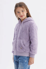 Polar niña lila peludo con capucha y cierre central liso ideal para el invierno cómodo y cálido