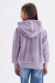 Polar niña lila peludo con capucha y cierre central liso ideal para el invierno cómodo y cálido