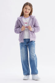 Polar niña lila peludo con capucha y cierre central liso ideal para el invierno cómodo y cálido
