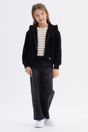 Polar niña negro peludo con capucha y bolsillos delanteros lisa ideal para días fríos y acogedores