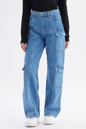 Jeans Niña Cargo Con Dos Bolsillos Azul