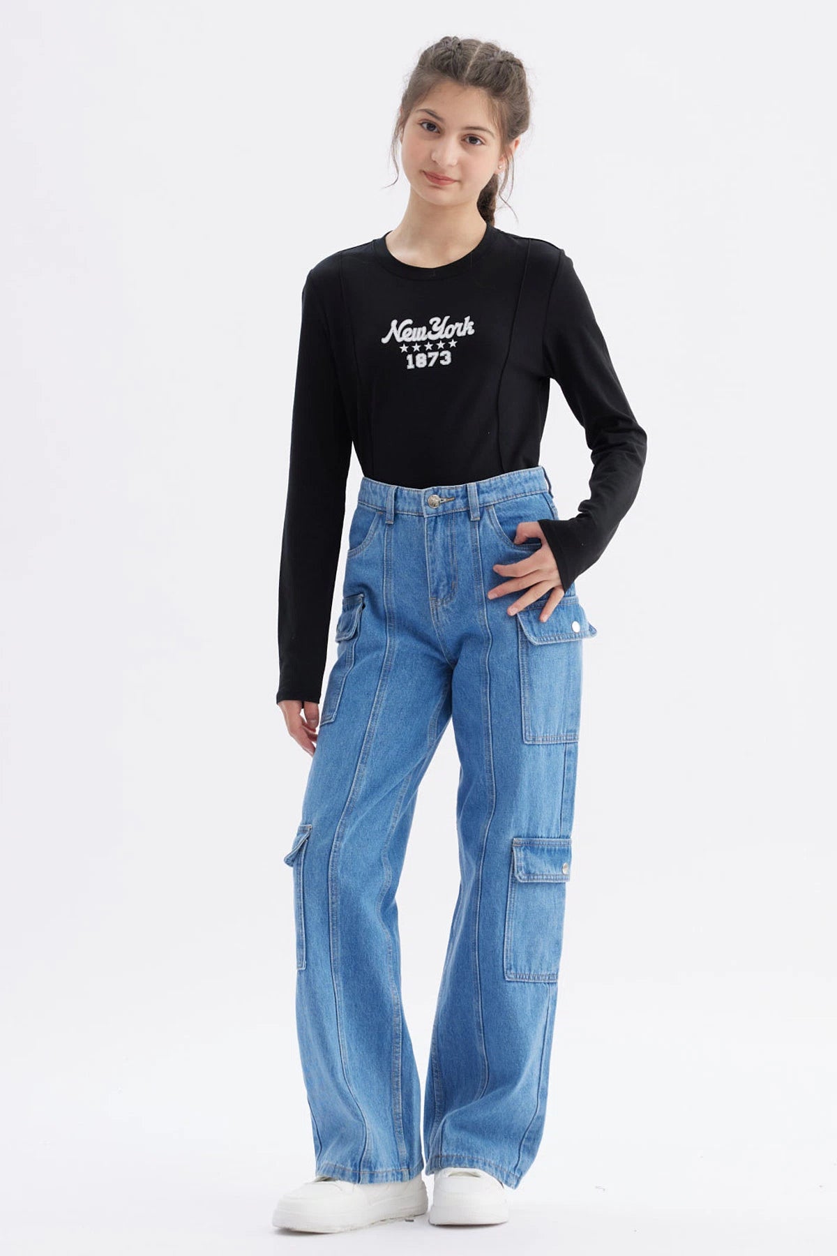 Jeans Niña Cargo Con Dos Bolsillos Azul