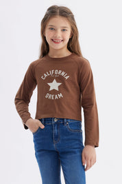 Polera Niña Piping Y Print Café