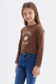 Polera Niña Piping Y Print Café