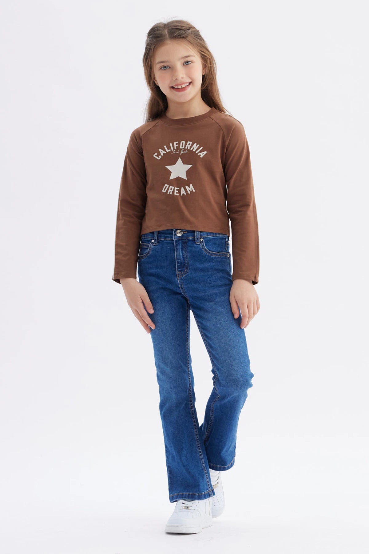 Polera Niña Piping Y Print Café