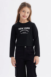 Polera Niña Piping Y Print Negro