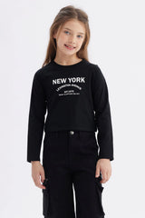 Polera Niña Piping Y Print Negro