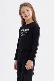 Polera Niña Piping Y Print Negro