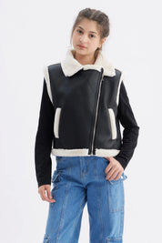 Chaqueta negra tipo biker para niña con detalles de piel blanca en el cuello y borde lisa y elegante