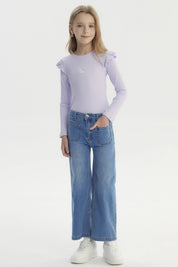 Jeans azul wide leg para niña con bolsillos grandes delanteros prenda lisa casual y moderna ideal para cualquier ocasión