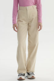 Pantalón niña wide leg beige de algodón con diseño liso y corte holgado ideal para un look casual moderno