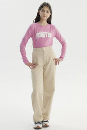 Pantalón niña wide leg beige de algodón con diseño liso y corte holgado ideal para un look casual moderno