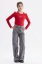Jeans wide leg gris para niña con botones laterales y diseño liso