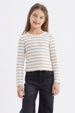 Polera de niña a rayas beige manga larga diseño liso sin estampa ideal para el día a día cómoda y versátil