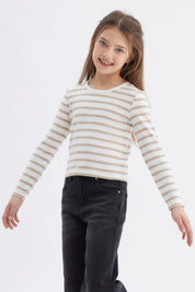 Polera de niña a rayas beige manga larga diseño liso sin estampa ideal para el día a día cómoda y versátil