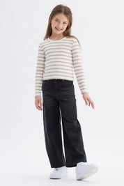Polera de niña a rayas beige manga larga diseño liso sin estampa ideal para el día a día cómoda y versátil