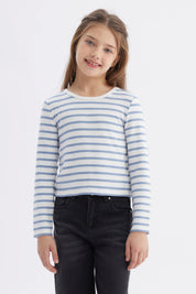 Polera niña rayas celeste manga larga diseño de rayas horizontales celeste y blanco prenda ajustada sin estampa lisa