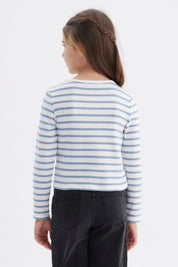 Polera niña rayas celeste manga larga diseño de rayas horizontales celeste y blanco prenda ajustada sin estampa lisa
