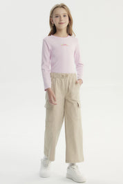 Pantalón beige para niña de calce recto con bolsillos grandes y lazo en la cintura sin estampa lisa