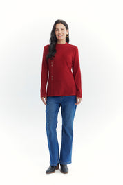 Polera Mujer Detalle Botones Rojo Oscuro