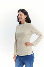 Polera Mujer Detalle Botones Beige Oscuro
