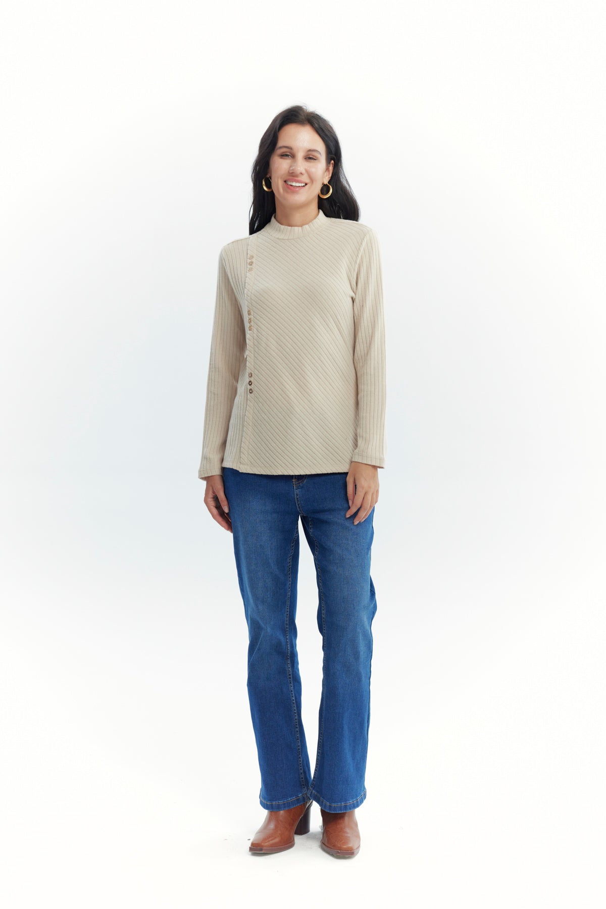 Polera Mujer Detalle Botones Beige Oscuro