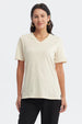Polera casual beige claro para mujer de manga corta y cuello en V sin estampado