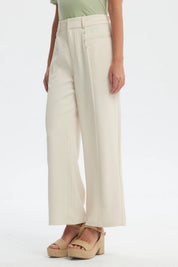 Pantalón recto beige claro para mujer con cintura elástica y detalles de botones en el frente diseño liso elegante