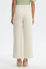 Pantalón recto beige claro para mujer con cintura elástica y detalles de botones en el frente diseño liso elegante