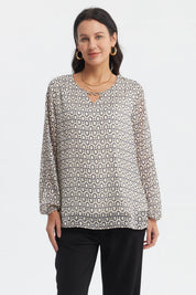 Blusa cruda con estampado geométrico azul marino manga larga diseño de aros en toda la prenda estilo casual elegante