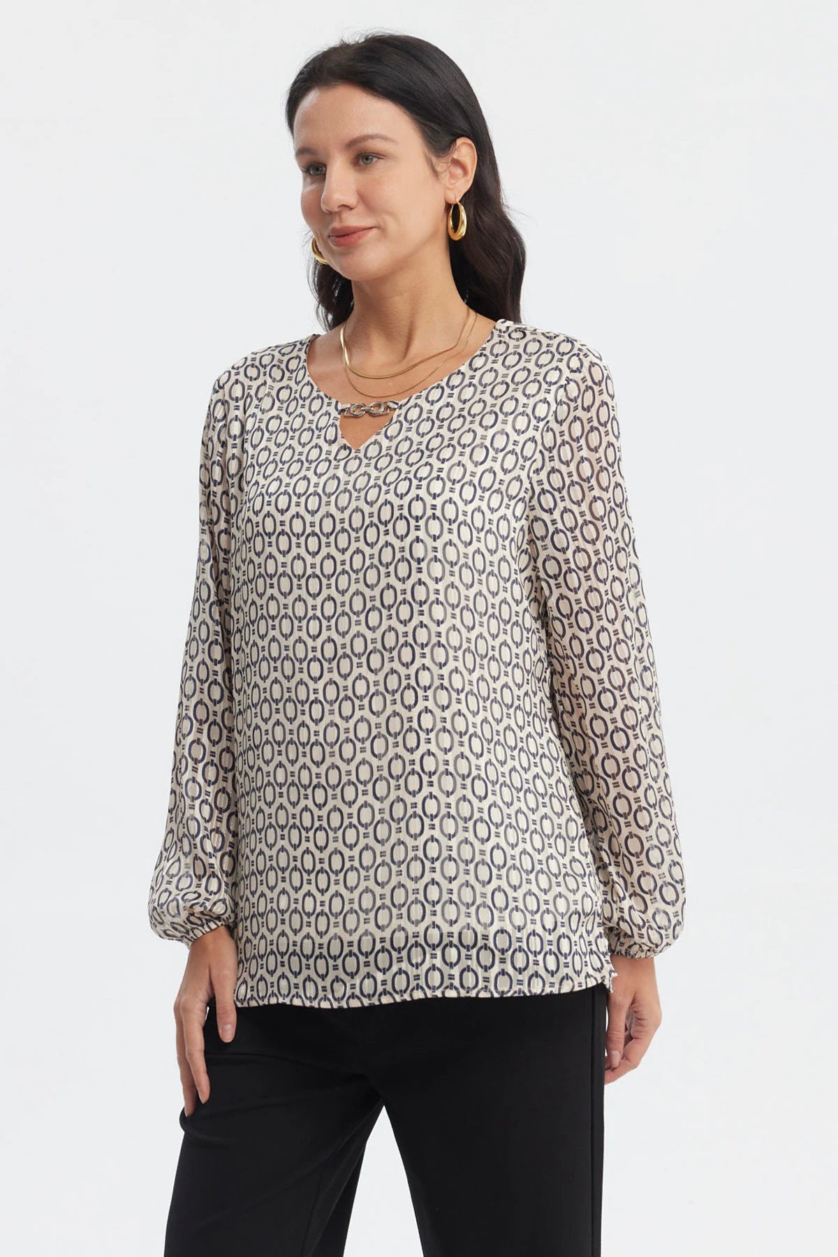 Blusa cruda con estampado geométrico azul marino manga larga diseño de aros en toda la prenda estilo casual elegante
