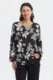 Blusa negra de mujer con estampado floral crudo de estilo abstracto en toda la prenda