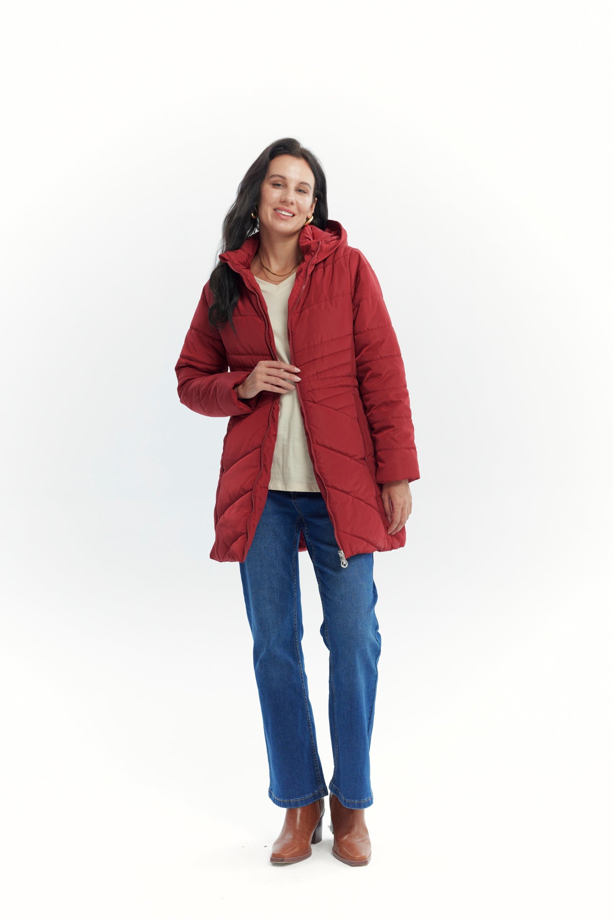 Parka Mujer Con Gorro Corte Rojo Oscuro