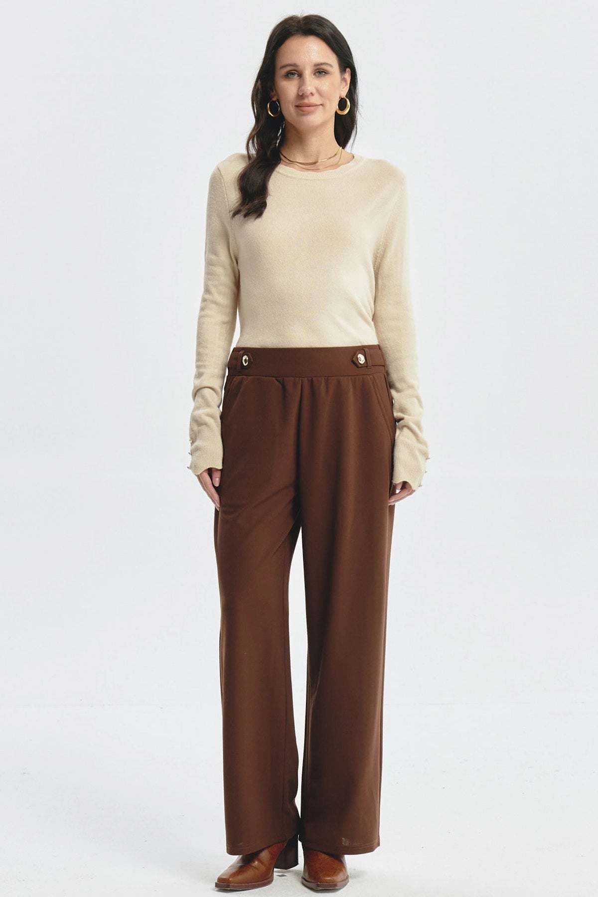 Pantalón Mujer Wide Leg Café