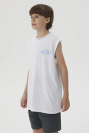 Polera blanca de niño sin mangas con cuello rib estampado Keep Active en azul y pequeño diseño gráfico en el pecho