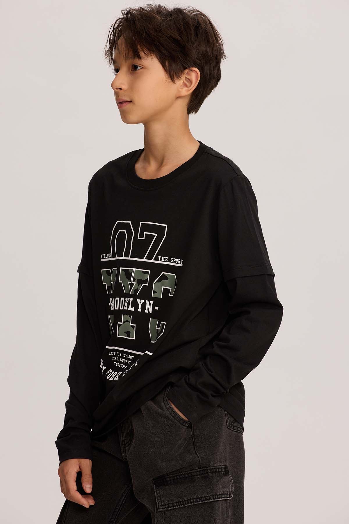 Polera Niño Doble Manga Básica Negro