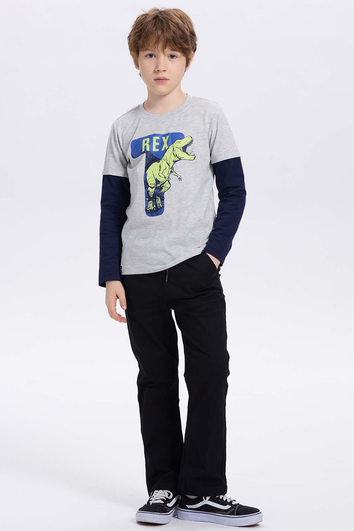 Polera Niño Doble Manga Básica Gris