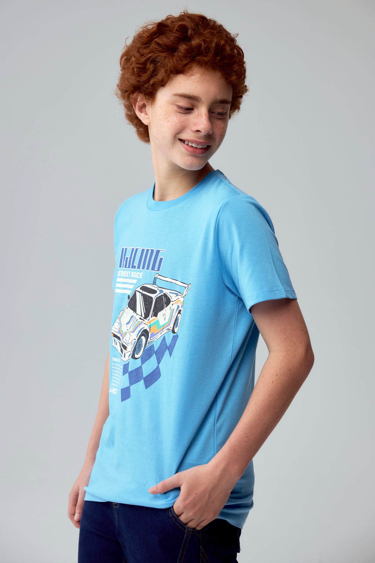 Polera Niño Básica Estampada Celeste